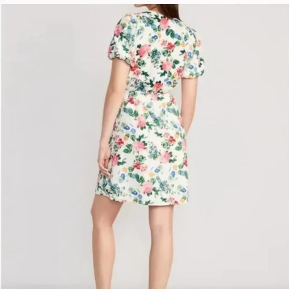 Floral Puff-Sleeve Mini Floral Cottage Peasant Picnic Summer Flower Wrap Dress_7